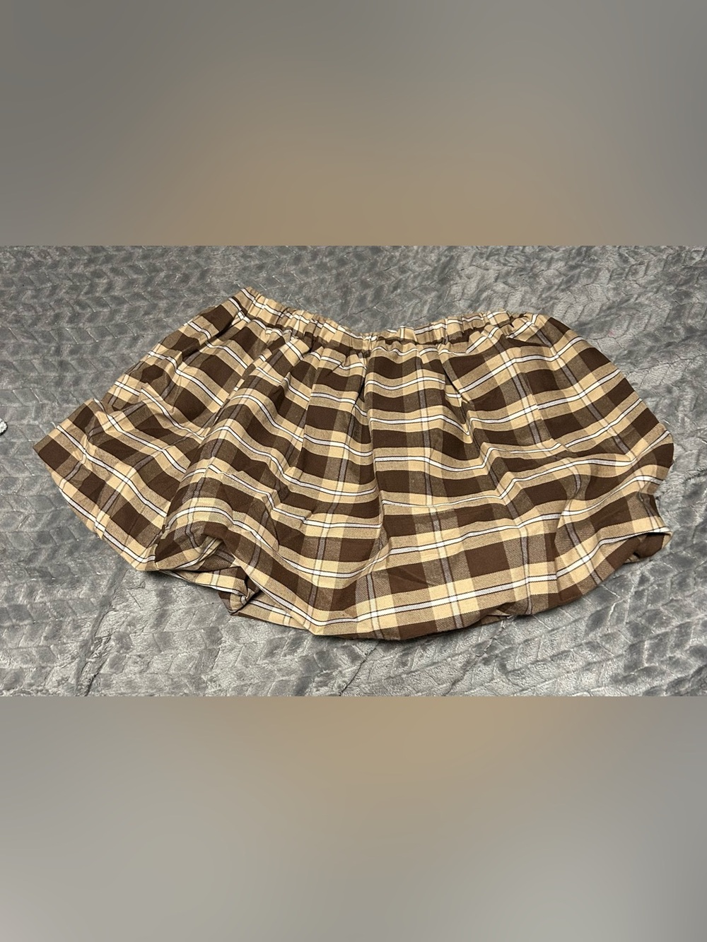 Brown Plaid Elastic-Waist Skater Mini Skirt